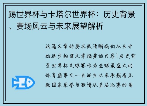 踢世界杯与卡塔尔世界杯：历史背景、赛场风云与未来展望解析